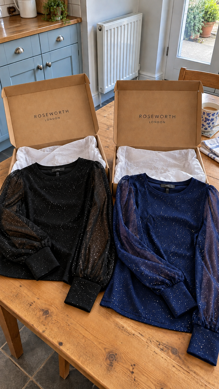 AI styling illustration: two naturally angled Roseworth London parcels and Vivienne blouses on kitchen table
