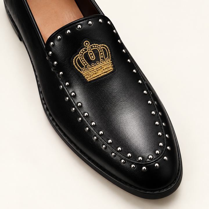Black Winston loafer — gold crown embroidery and silver-tone stud detail