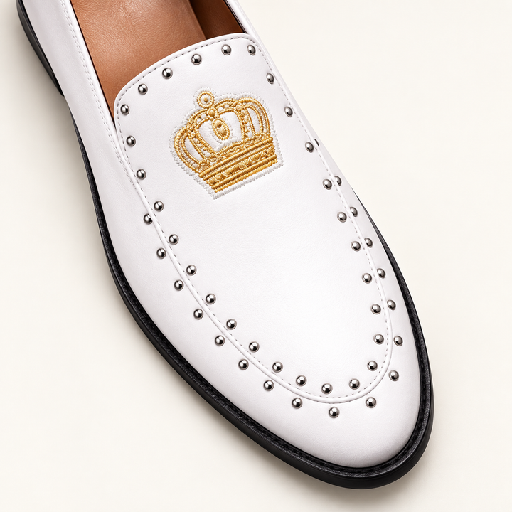 White Winston loafer — gold crown embroidery and silver-tone stud detail
